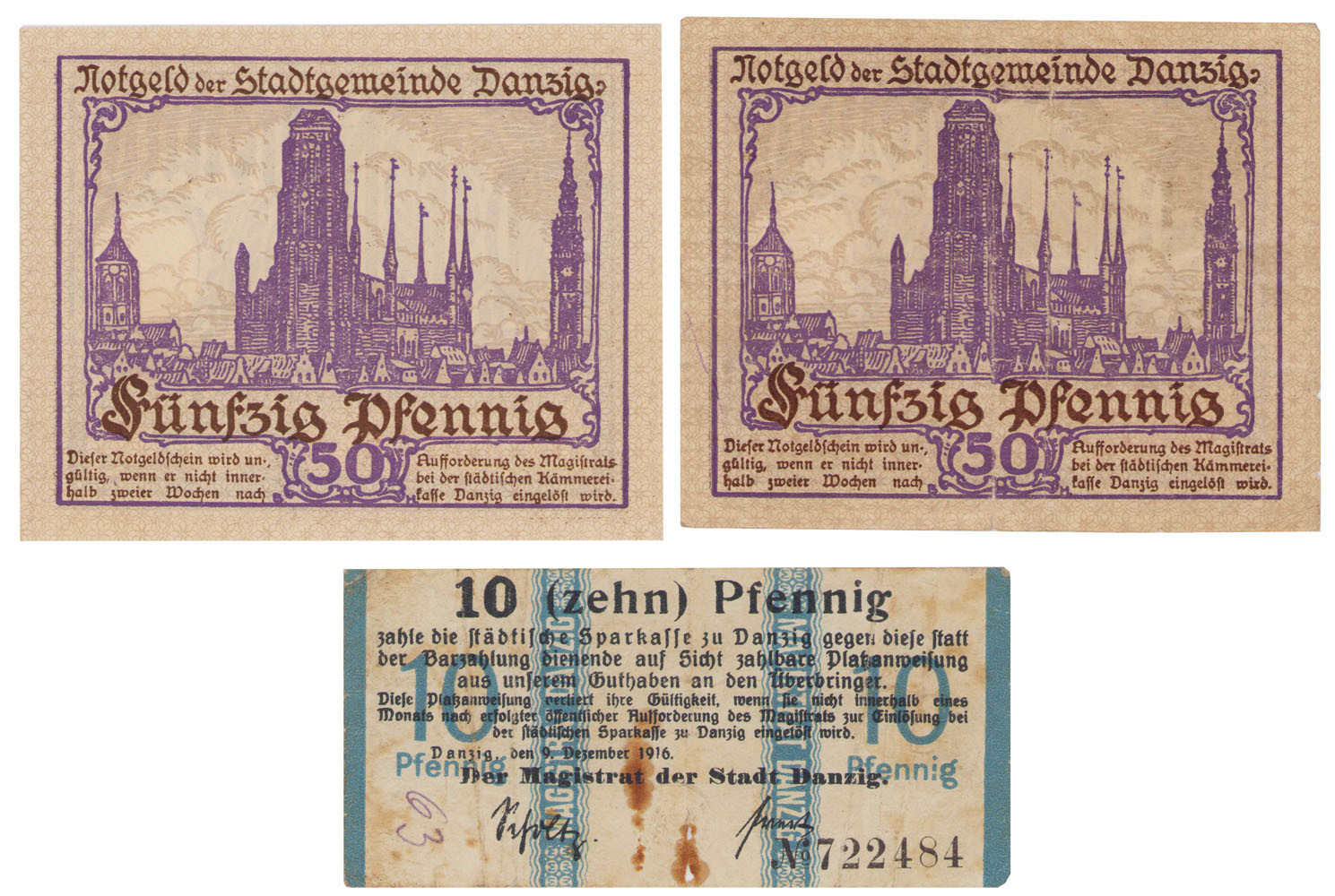 Prusy Zachodnie, Gdańsk. 50 fenigów 1919, 10 fenigów 1916, zestaw 3 sztuk